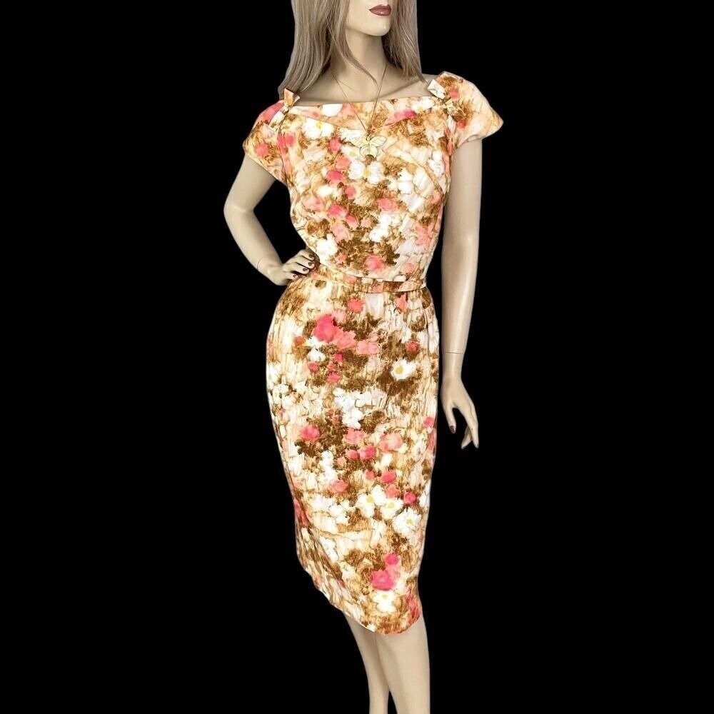 Vintage 50s Floral Silk Wiggle Dress Small | Hollywood Regency Mid Century Glam - Picture 2 of 9